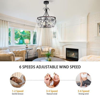 Garwarm 21 inch Ceiling Fans with Lights,Black Industrial Caged Flush Mount Ceiling Fans with Remote,Rustic Chandelier Ceiling Fan for Dining Room Bedroon Kitchen, 6 Speed Timing