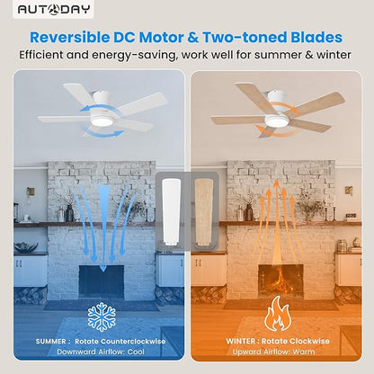 42 Inch Low Profile Ceiling Fan with Light, White Ceiling Fans with Lights and Remote, Flush Mount, 6 Speeds Reversible Quiet DC, 3CCT Dimmable, Indoor Outdoor Ceiling Fans for Patios Bedroom