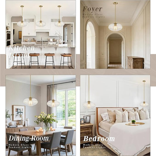 10" Clear Glass Modern Pendant Light Kitchen Island 2 Pack Brushed Gold Mid Century Modern Pendant Lighting with Clear Glass Hanging Pendant Light for Dining Room（Bulb Incl.）