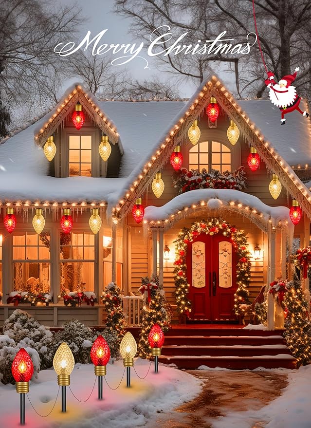 Strawberry Jumbo C9 Christmas Lights Outdoor - 2 Pack Total 17FT 10 LED Jumbo C9 Christmas Pathway Lights Outdoor, Christma Decoration for Outside Lawn, Red & Warm White