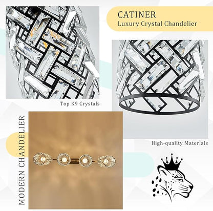CATINER 40" Crystal Kitchen Island Lighting 4 Lights Modern Black Linear Chandelier Dining Room Light Fixture Over Table Luxury Ceiling Pendant Light Fixture