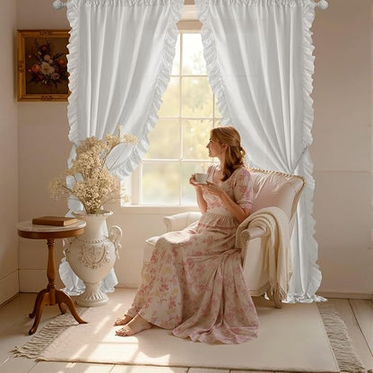 StangH Victorian Romantic White Curtains with Ruffle, Privacy Protect Light Filtering Drapes, Faux Silk Ideal for Countryside Bedroom/Girls Room/Party Backdrops, W50 x L95, 2 Panels