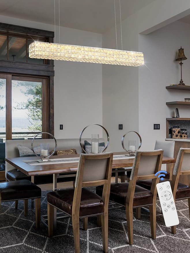 ykolupty Modern Crystal Chandelier Silver Rectangular Crystal Chandelier Contemporary Linear Pendant Ceiling Light Fixture for Living Dining Room Kitchen Island (L 40")