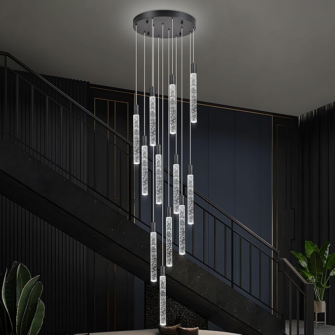 12-Lights Bubble Chandelier for Entryway High Ceiling-137 Height Adjustable Crystal Chandelier,3 Color Temperature Dimmable LED Pendant Light Fixture for Foyer Living Room Staircase,Matte Black