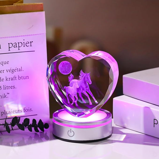 Qianwei Horse Gifts for Women 3D Crystal Heart - Laser Horse Decor Glass Animals Animal Gifts Figurines Statue Stuff for Room Decorations Night Light