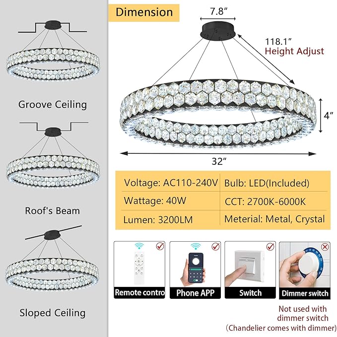 Modern Ring Chandelier Crystal Chandeliers for Dining Room Round Ceiling Light Fixture for Living Room Bedroom Lighting LED Dimmable with Remote Ring Lights Black