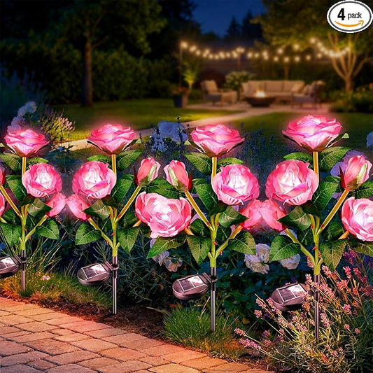 Anordsem Solar Garden Lights Outdoor: 20 Waterproof Fabric Roses 4 Pack - Pink LED Flower Decorations for Yard Patio Path Cemetery Grave - Birthday Gifts for Women Mom Wife