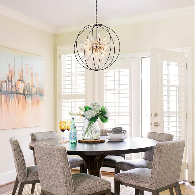 31.5" Black Gold Large Globe Sputnik Chandelier, 12-Light Mid Century Modern Industrial Starburst Golden Satellite Light Fixture for High Ceiling Living Room Dining Room Foyer Stairway,E12