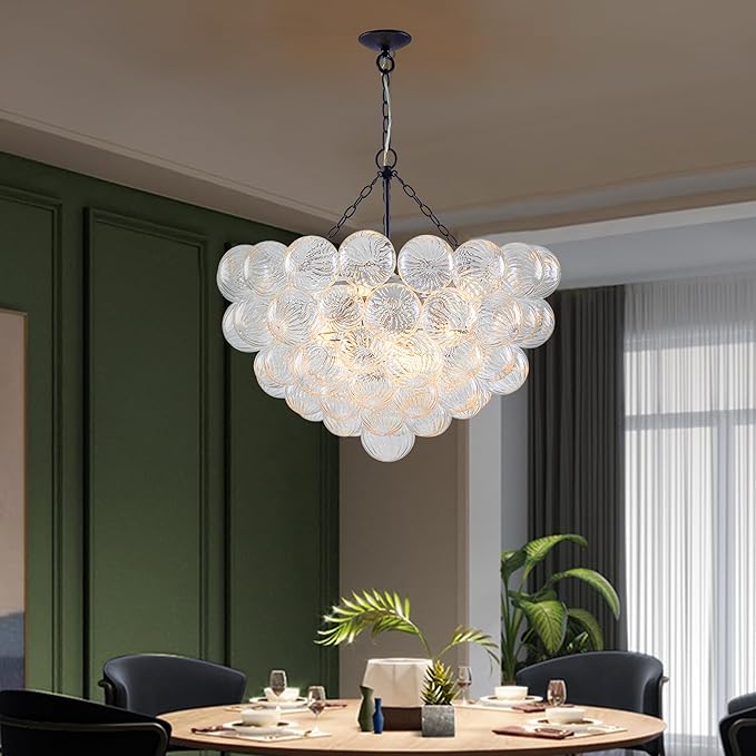 Hand Blown Glass Bubble Ball Chandelier Black Finish 32" Pendant Light Fixture Art Deco Cluster Ribbed Glass Swirled Globe Lighting for Bedroom Dining Room Restaurant Bathroom Entry