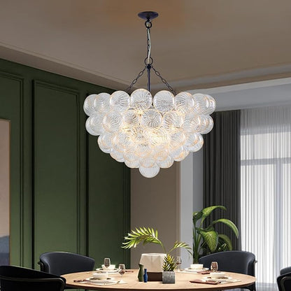 Hand Blown Glass Bubble Ball Chandelier Black Finish 32" Pendant Light Fixture Art Deco Cluster Ribbed Glass Swirled Globe Lighting for Bedroom Dining Room Restaurant Bathroom Entry