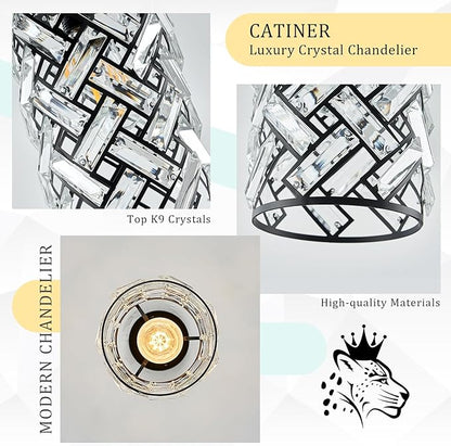 CATINER Modern Black Crystal Pendant Light Fixture - Mini Chandelier for Kitchen Island, Dining Room, Living Room, Hallway, Porch, Bedroom Lighting