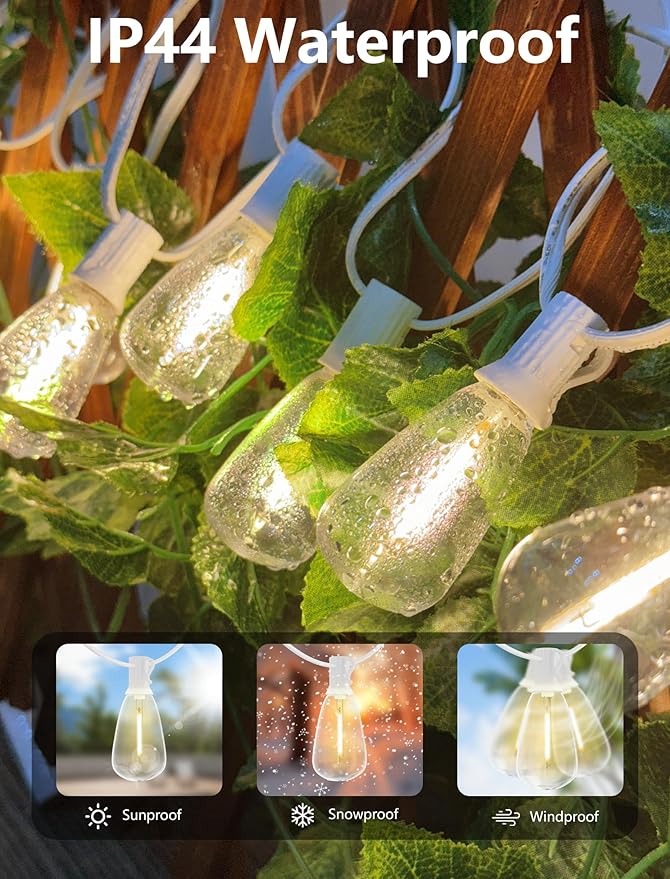 50FT Outdoor LED String Lights, White String Lights with 25 Shatterproof ST35 LED Vintage Edison Bulbs, Waterproof Hanging Patio Lights for Outside Backyard Garden
