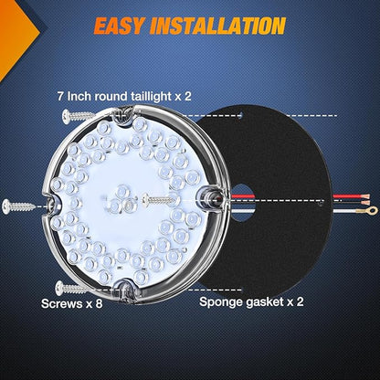 Nilight Tail Light 2PCS 7Inch Round 47 LED White with Inner Reflex Lens Marker Clearance Reverse Backup Running Taillight IP67 Waterproof for Trailer Truck Pickup Camper RV BUS