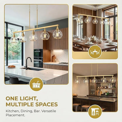 Kitchen Island Linear Pendant Light, 5-Light Gold Dining Room Chandelier with Clear Glass Globe Shades, Modern Linear Lighting Fixture Over Table