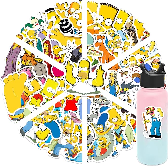 50pcs Cartoon Anime The Simpsons Stickers for Teens Adult, Waterproof Vinyl Cartoon Movie Decal for Water Bottle Skateboard Guitar Travel Case Bike Laptop,Car Bumper,Luggage,Phone (simps)