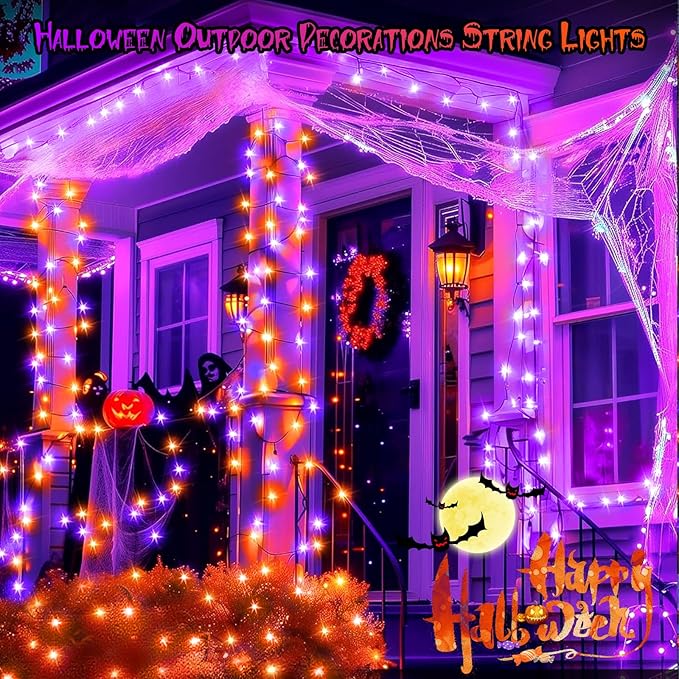 FairyGlim Purple&Orange Halloween Lights, 33FT 100 LED Outdoor String Light with Timer & 8 Modes, 3AA Battery Operated Waterproof String Light for Outdoor and Indoor Halloween Decor