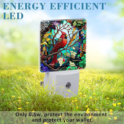 Plug in Night Lights Christmas Stained Glass Cardinal Bird Nightlight Plug Into Wall Dusk to Dawn Sensor LED Night Light for Kid Girls Boys Room Decor,Hallway,Kitchen,Bathroom,Nursery,Stairs