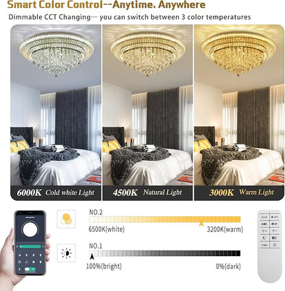 40 inch Crystal Gold Ceiling-Light Flush Mount With Remote Control and APP, 3CCT Dimmable & Brightness Adjustable, Modern Crystal Raindrop Chandeliers for Bedroom Hallway Dinning Room Living Room