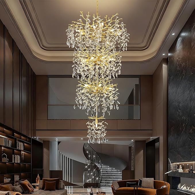 Modern Tree Branch Crystal Chandelier 91" Gold Luxury Large Pendant Lighting 25-Light Contemporary K9 Crystal Chandeliers for Dining Room Kitchen Living Room Foyer Entryway (Gold, H91-Round)