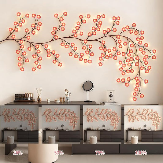 FNHMSL Cherry Enchanted Willow Vine Lights, 4FT 48LED 1PCS Pink Cherry Blossom Tree Branch Lights for Wall, Remote Timer,8 Light Model,Bedroom Wall Doors Wedding, Christmas, USB Battery Box