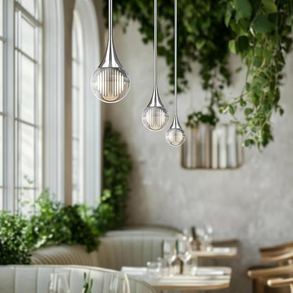 1-Pendant Lights Kitchen Island, Silver Crystal Globe Ceiling Hanging Light Fxitures, LED Light Fixtures Metal Rod Ceiling Glass Pendant Lighting for Kitchen Island Dining Room Bar