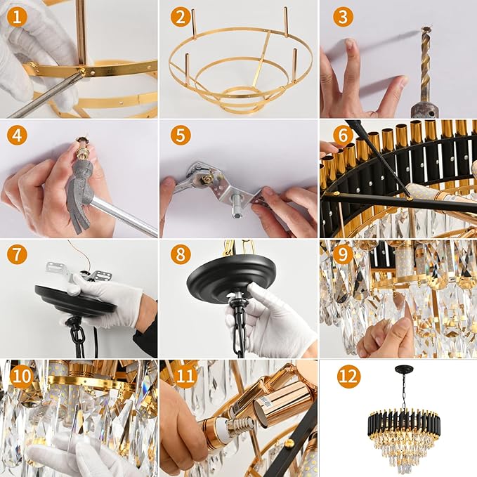 Gold Modern Crystal Chandeliers 4-Tier K9 Round Black and Gold Crystal Chandelier Light Fixture 7 Lights Hanging Pendant Ceiling Light Fixture for Dining Room Living Room Bedroom Entryway Foyer W20in