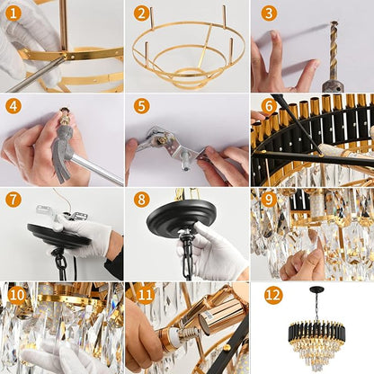 Gold Modern Crystal Chandeliers 4-Tier K9 Round Black and Gold Crystal Chandelier Light Fixture 7 Lights Hanging Pendant Ceiling Light Fixture for Dining Room Living Room Bedroom Entryway Foyer W20in