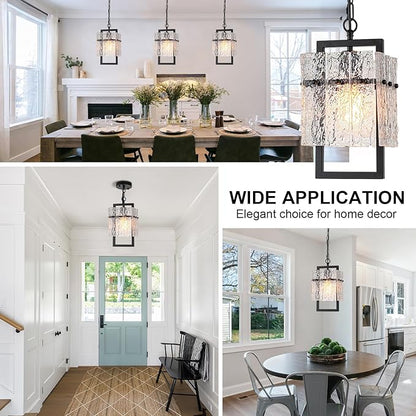 Modern Black Pendant Lights Kitchen Island, Crystal Kitchen Island Lighting with Water Ripple Glass Pendant Light Fixtures Elegant Chandeliers for Dining Room Hallway, Height Adjustable UL Listed