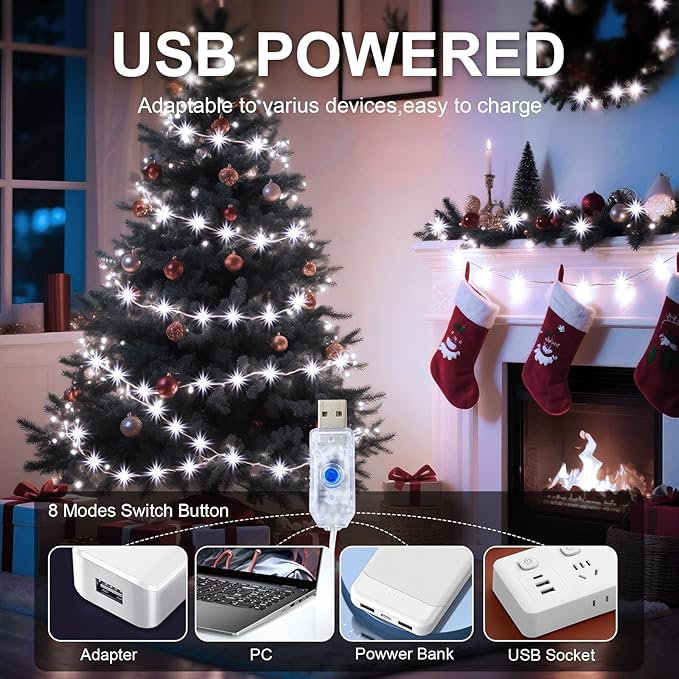 2Pack USB Plug in Fairy String Lights,16ft 50 LED Copper with Remote and Timer, 8 Modes Waterproof Twinkle String Lights Battery Powered for Bedroom Indoor Party Wedding Christmas Decoration