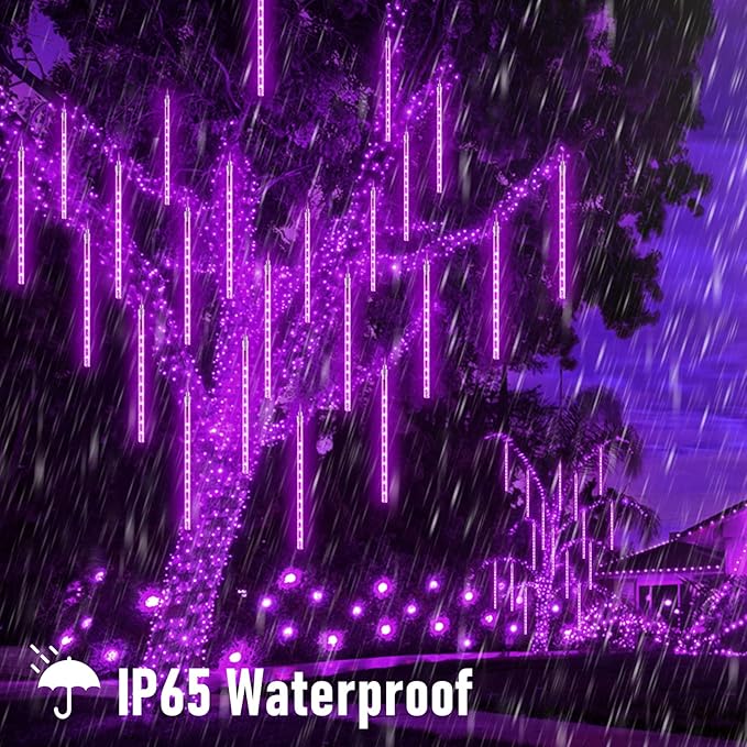 JMEXSUSS 2 Pack Purple Solar Halloween Lights, 16 Tube 288 LED Solar Meteor Shower Rain Lights, Christmas Light Outdoor Waterproof for Tree Halloween Christmas Decorations