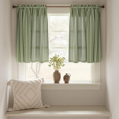 jinchan Nautical Striped Linen Kitchen Curtains 36 Inches Farmhouse Tier Cafe Curtains for Living Room Bathroom Laundry RV Rustic Half Window Light Filtering 2 Panels Green