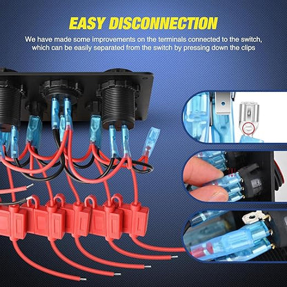 Nilight 5 Gang Multi Function Waterproof Switch Panel PD Type C and USB Socket Digital Voltmeter 12V Outlet Rocker with Inline Fuse for RVs Cars Boats Trucks Trailers Green