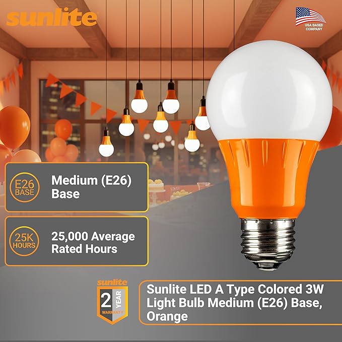 Sunlite A19/3W/O/LED LED A19 Colored Light Bulb, 3 Watts (25w Equivalent), E26 Medium Base, Non-Dimmable, UL Listed, 1 Count (Pack of 1), Orange
