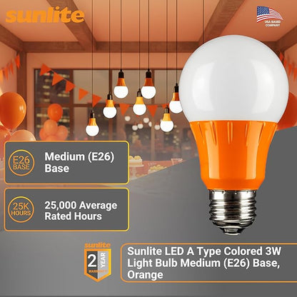 Sunlite A19/3W/O/LED LED A19 Colored Light Bulb, 3 Watts (25w Equivalent), E26 Medium Base, Non-Dimmable, UL Listed, 1 Count (Pack of 1), Orange