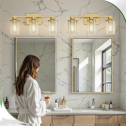 DORESshop 20 Inch Bathroom Light Fixtures, 3-Light Brass Bathroom Lighting Fixtures Over Mirror with Clear Glass Shade, Vanity Lights for Living Room Bedroom, ETL Listed
