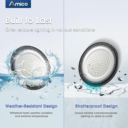 Amico UFO LED High Bay Light 150W 21000lm 5000K High Bay LED Shop Lights for Workshop Warehouse Barn with UL Listed US Hook 5' Cable Alternative to 650W MH/HPS for Commercial Lighting Fixture (10)