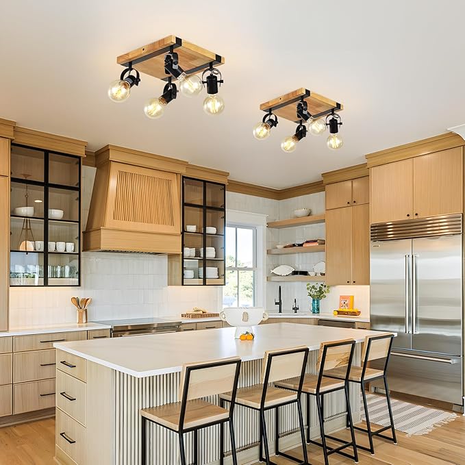Farmhouse Wooden Flush Mount Ceiling Lamp,4-Light Directional Ceiling Spotlight Track Light Kits,Rustic Farmhouse Kitchen Light Fixtures for Kitchen Bathroom Bedroom Hallway.