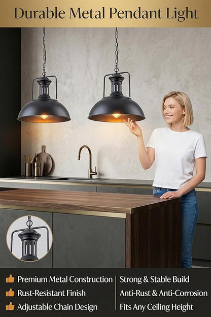 Industrial Dome Pendant Light Fixture, Farmhouse Barn Hanging Ceiling Lighting for Kitchen Island, Dining Room, Matte Black Metal