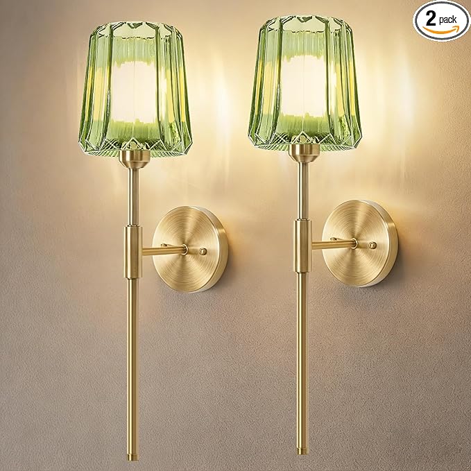 Crystal Battery Operated Wall Sconces Set of 2, Green Rechargeable Wireless Wall Sconce Lights with Crystal Lampshade, 12 RGB and 3CCT Dimmable Wall Lamps for Bedroom Living Room Hallway Decor, 2 Pack