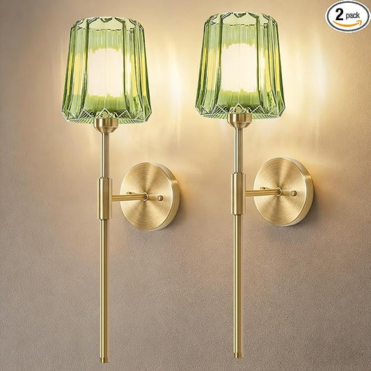 Crystal Battery Operated Wall Sconces Set of 2, Green Rechargeable Wireless Wall Sconce Lights with Crystal Lampshade, 12 RGB and 3CCT Dimmable Wall Lamps for Bedroom Living Room Hallway Decor, 2 Pack