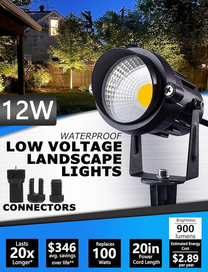 SUNVIE 12W Low Voltage Landscape Lights LED Landscape Lighting with Connectors 12V Warm White (900LM) Waterproof Garden Low Voltage Lights Wall Tree Flag Outdoor Spotlights with Spike Stand, 8 Pack