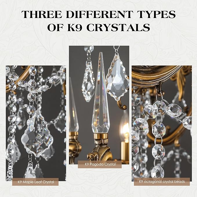 Luxury Antique Bronze Crystal Chandeliers with Candle Pendant Ceiling Light Fixture - 6 Lights Gold Crystal Chandelier for Dining Room, Living Room, Kitchen, Bedroom - D23 inch