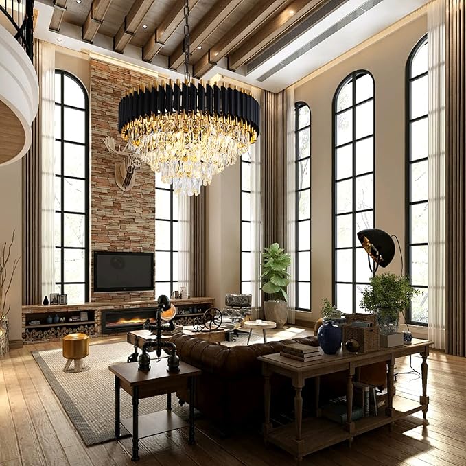 Gold Crystal Chandelier Contemporary, 24" Modern Living Room Chandeliers, K9 Crystal Ceiling Lights Fixtures, Round 5 Tiers Pendant Lighting Chandelier Black for Entryway Dining Room Staircase