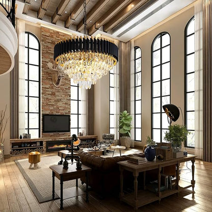 Gold Crystal Chandelier Contemporary, 24" Modern Living Room Chandeliers, K9 Crystal Ceiling Lights Fixtures, Round 5 Tiers Pendant Lighting Chandelier Black for Entryway Dining Room Staircase