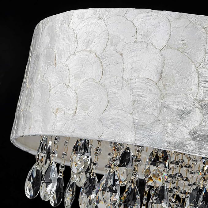 LumFurn X-Large 6-Light Drum Capiz Shell Crystal Chandeliers, Coastal Style Pendant Light Fixture for Dining Room, Living Room, D24 x H23~71 inch(Adjustable), Shell Lampshade & Gold Finish