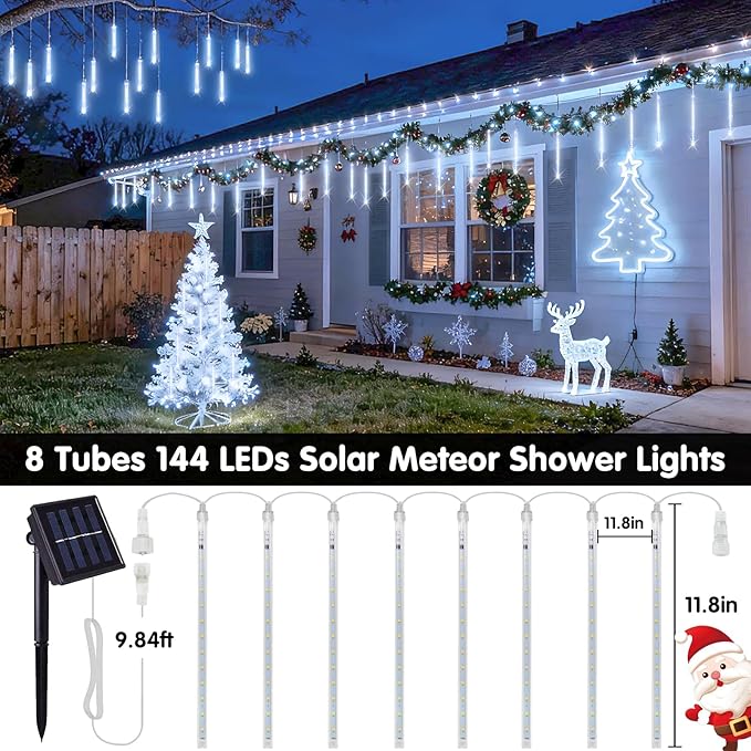 JMEXSUSS White Solar Christmas Lights, 8 Tube 144 LEDs Solar Meteor Shower Lights Outdoor, White Christmas Light for Tree Wedding Xmas Holiday Party Patio GazeboDecor