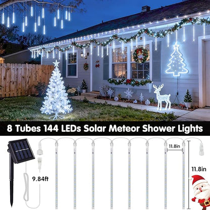 JMEXSUSS White Solar Christmas Lights, 8 Tube 144 LEDs Solar Meteor Shower Lights Outdoor, White Christmas Light for Tree Wedding Xmas Holiday Party Patio GazeboDecor