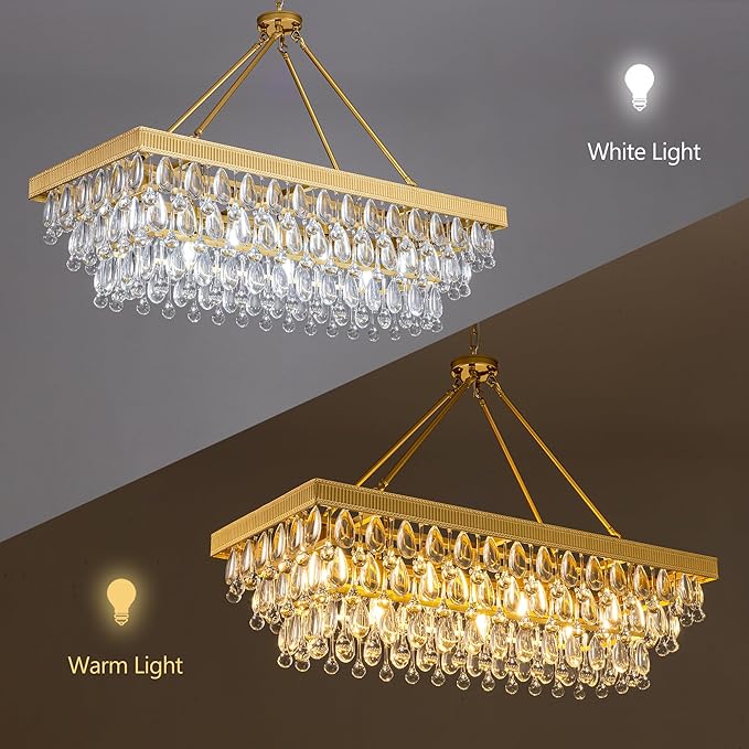 TOCHIC Crystal Dining Room Chandelier Over Table, Gold Linear Rectangle Chandelier 7 Lights Modern Farmhouse High Ceiling Light Fixture for Kitchen Island, Living Room, Entryway, 38" L