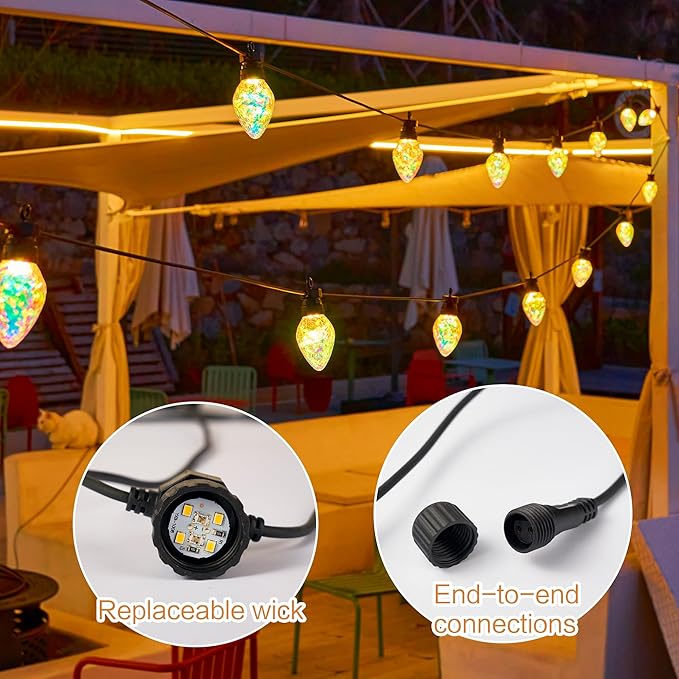 Outdoor String Lights, 50FT 20 LED Iridescent Holographic Bulbs, Waterproof Patio Lights with Remote Control, Shatterproof Connectable Lights for Backyard, Porch, Garden, and Party