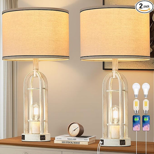 SRJJA Farmhouse Table Lamps for Living Room Set of 2 - Rustic Industrial Lamps for Night Stands with Night Light & USB A+C, 24" Vintage Bedside Lamp for Bedroom, Bulbs Included